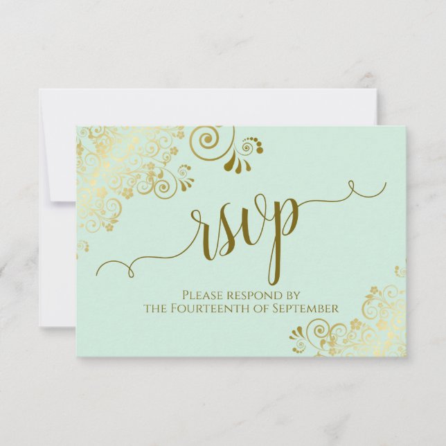 Mint Green & Gold Lace Elegant Calligraphy Wedding RSVP Card (Front)