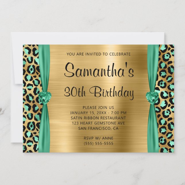 Mint Green Gold Leopard Foil Heart 30th Birthday Invitation (Front)