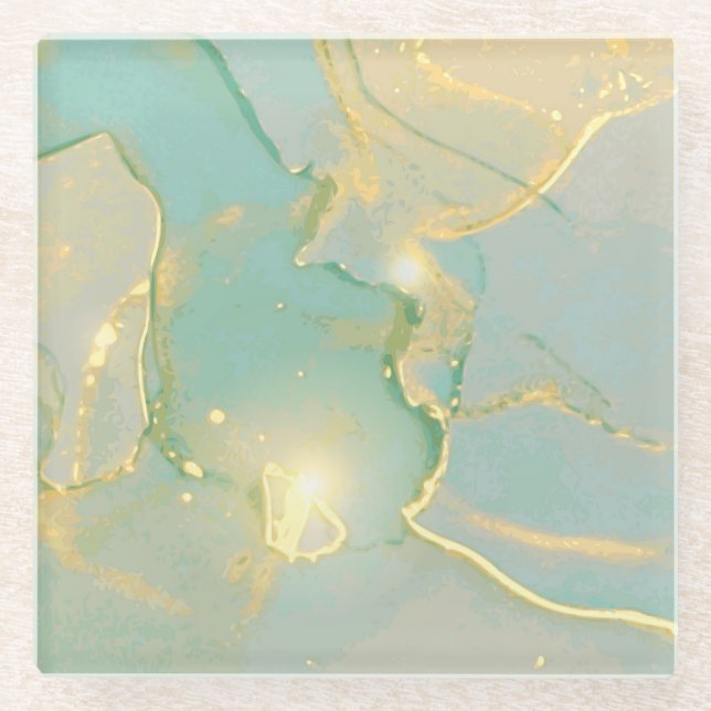 Mint Green Gold Marble: Textured Glass Coaster (Front)