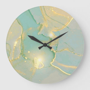 Mint Green Gold Marble: Textured Large Clock