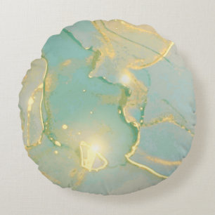 Mint Green Gold Marble: Textured Round Cushion