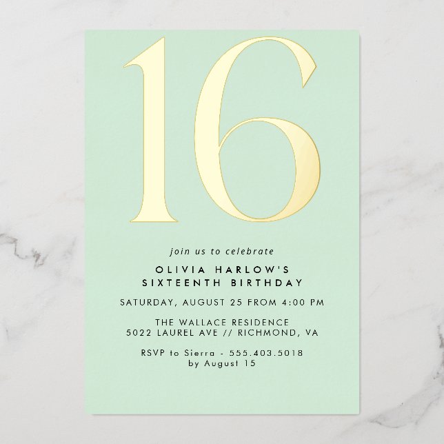 Mint Green & Gold | Modern Cute Pastel Sweet 16  (Front)