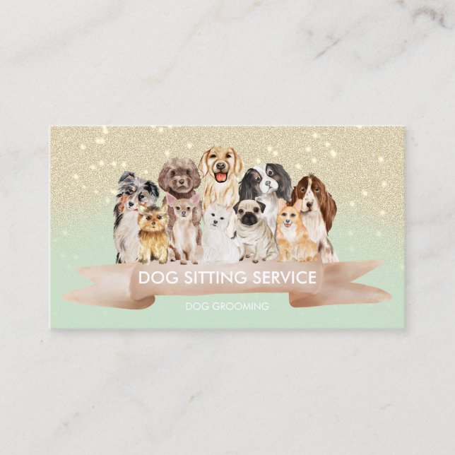 Mint Green Gold Pet Grooming Dog Boutique Business Card (Front)