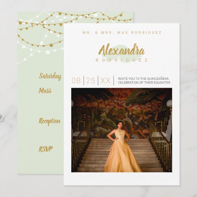 Mint Green & Gold Photo Quinceanera Invitation (Front/Back)