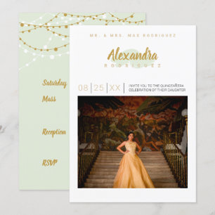 Mint Green & Gold Photo Quinceanera Invitation