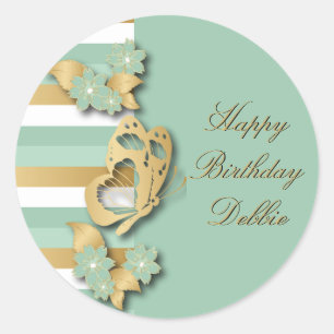 Mint Green & Gold Stripes with Butterfly & Flowers Classic Round Sticker