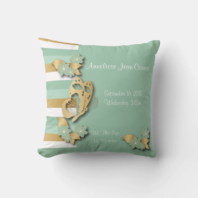 Mint Green & Gold Stripes with Butterfly for Baby Cushion (Front)