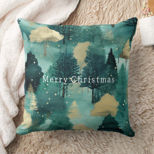 Mint Green Gold Trees Christmas Cushion (Blanket)