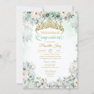 Mint Green & Gold Watercolor Floral Quinceañera Invitation