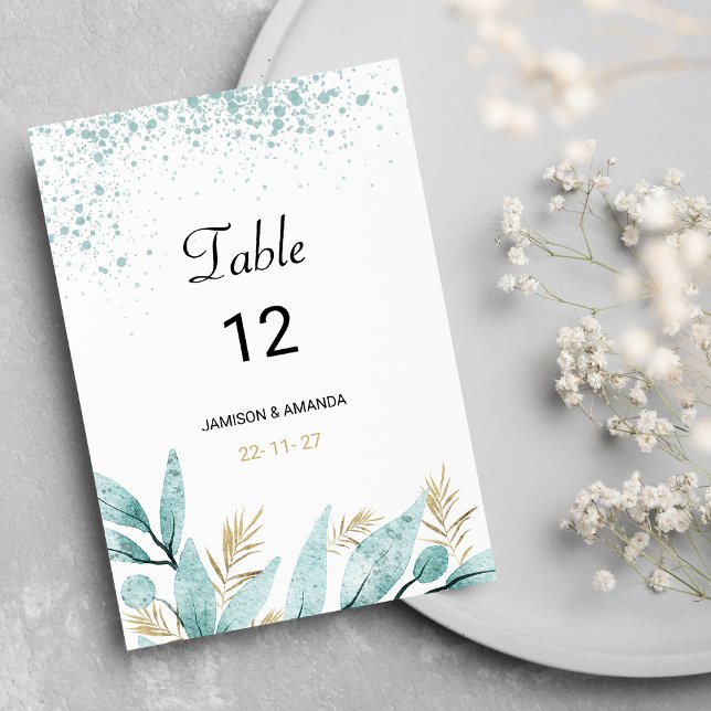 Mint green gold watercolor foliage Table Numbers (Mint green gold watercolor foliage Table Numbers)