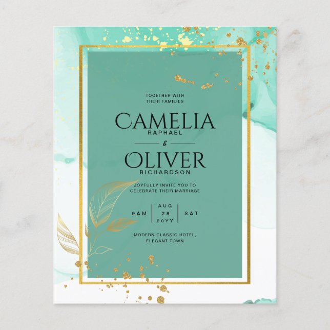 Mint Green Gold WEDDING Alcohol Ink Abstract Flyer (Front)