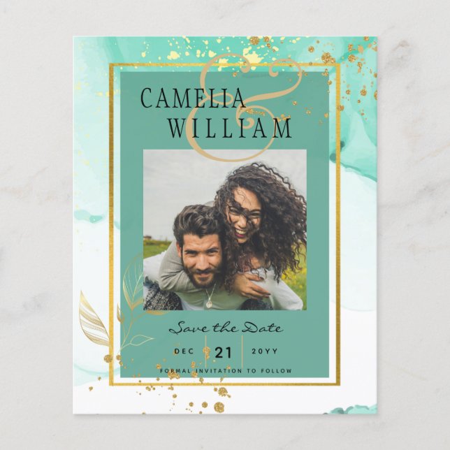 Mint Green Gold WEDDING Alcohol Ink Abstract Flyer (Front)