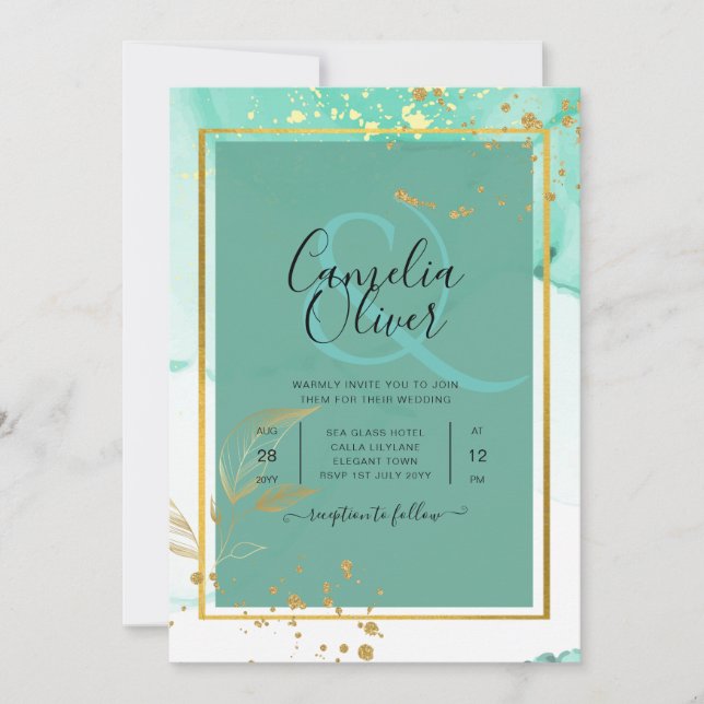 Mint Green Gold WEDDING Alcohol Ink Abstract Invitation (Front)