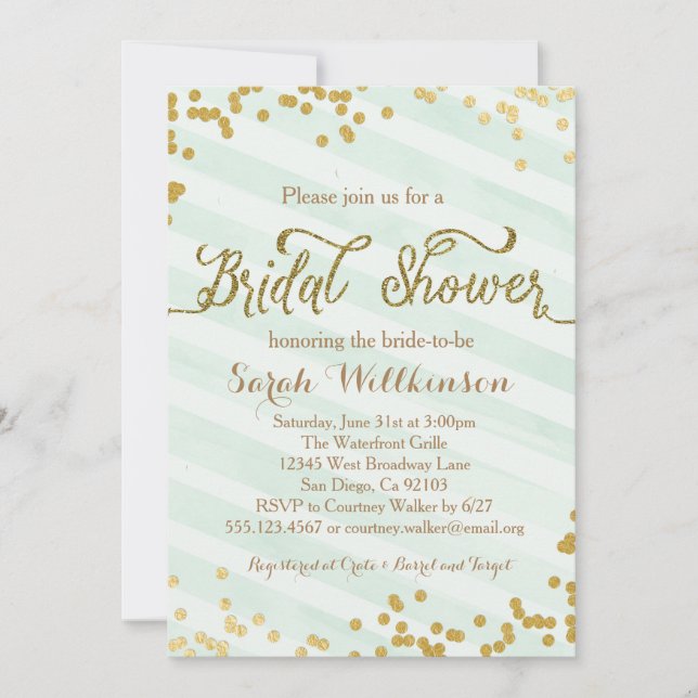 Mint Green & Gold Wedding Bridal Shower invitation (Front)