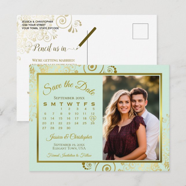 Mint Green & Gold Wedding Save Date Calendar Photo Announcement Postcard (Front/Back)