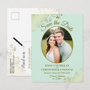 Mint Green & Gold Wedding Save the Date Oval Photo Announcement Postcard