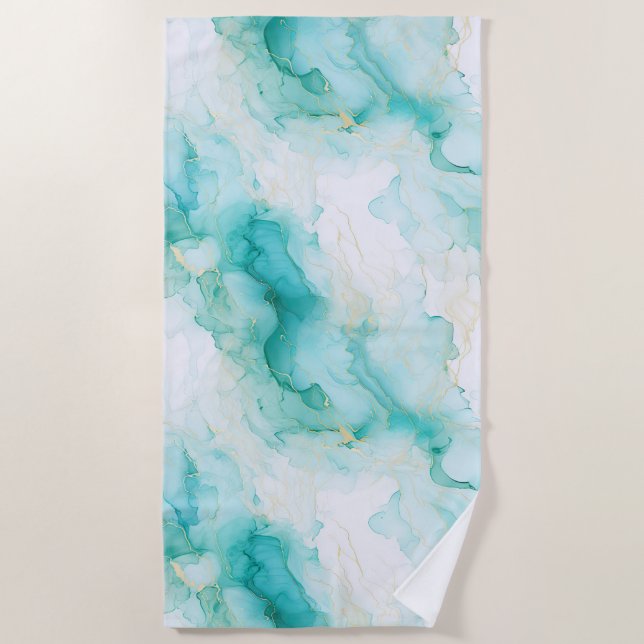 Mint Green Gold White Marble Beach Towel (Front)