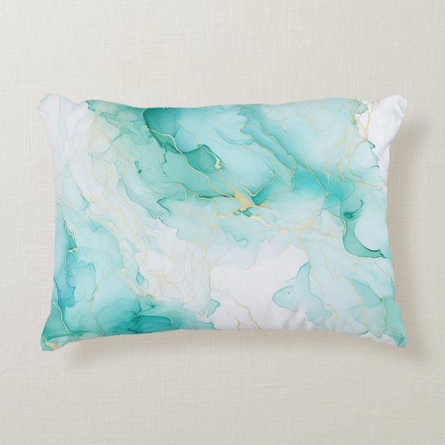 Mint Green Gold White Marble Decorative Cushion (Front)