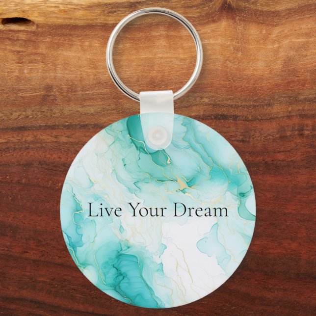 Mint Green Gold White Marble Key Ring (Front)