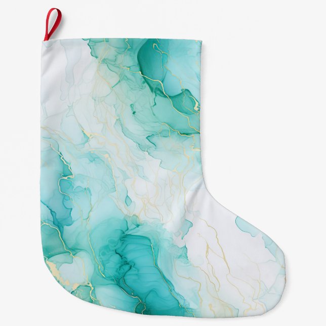 Mint Green Gold White Marble Large Christmas Stocking (Front)