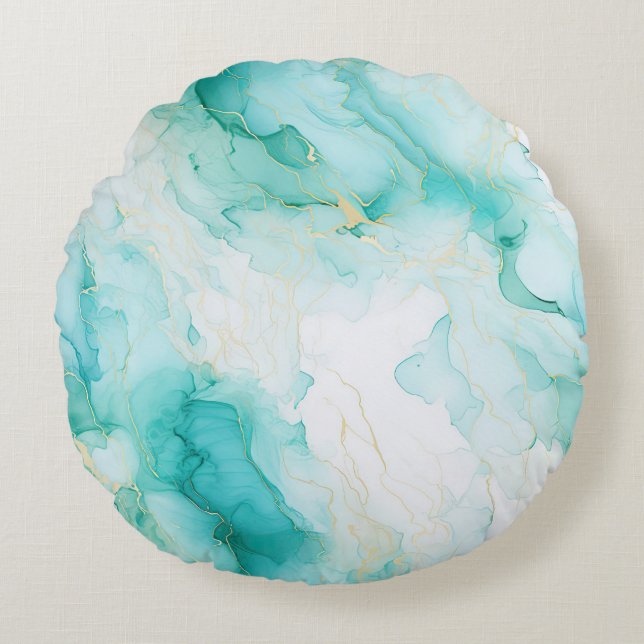 Mint Green Gold White Marble Round Cushion (Front)