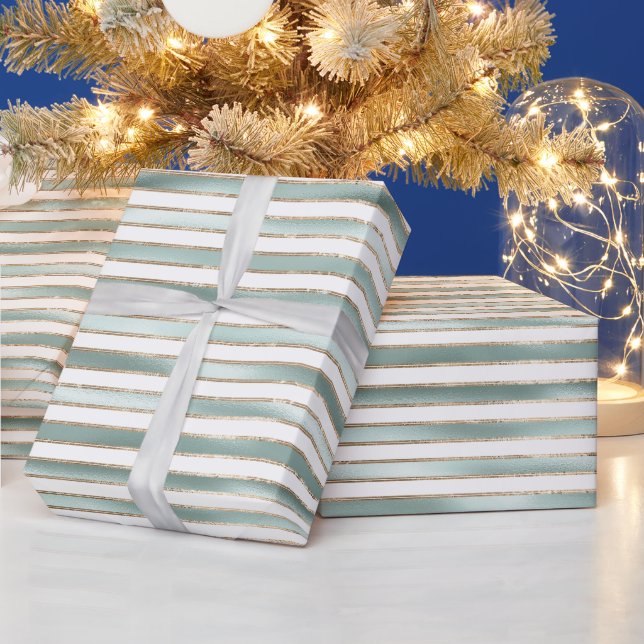 Mint Green Gold White Stripes Wrapping Paper (Holidays)