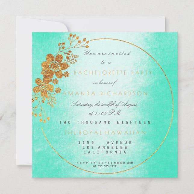 Mint Green Golden Floral Glam Bachelorette Party Invitation (Front)
