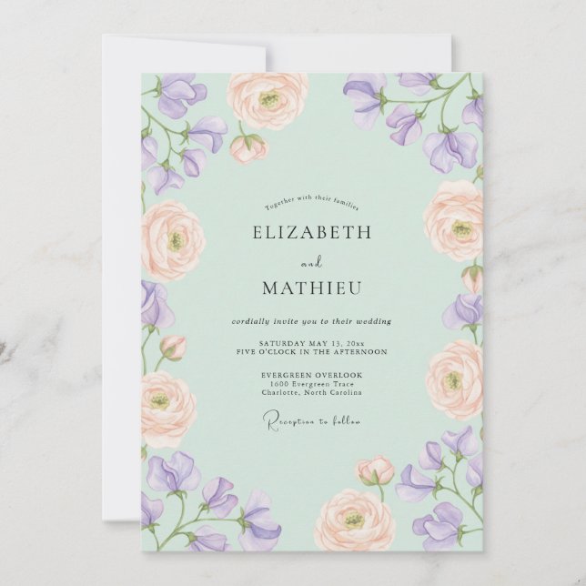 Mint Green Graceful Sweet Pea Wedding Invitation (Front)