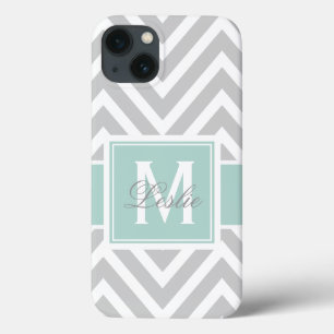 MINT GREEN, GRAY CHEVRON PATTERN PERSONALIZED iPhone 13 CASE