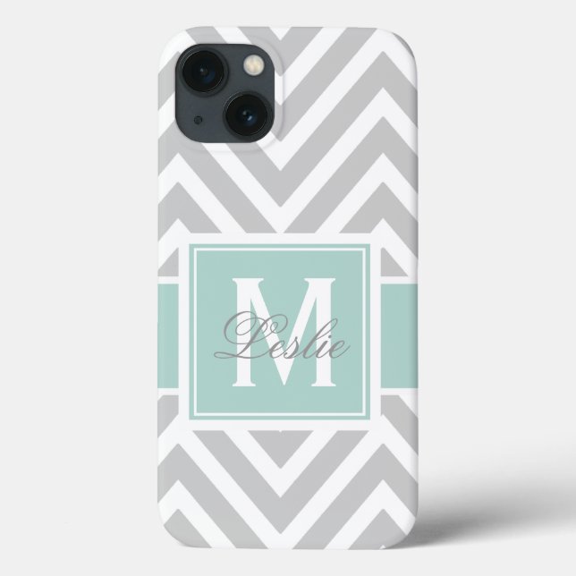 MINT GREEN, GRAY CHEVRON PATTERN PERSONALIZED Case-Mate iPhone CASE (Back)