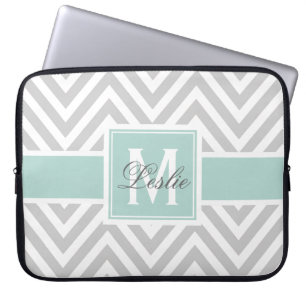 MINT GREEN, GRAY CHEVRON PATTERN PERSONALIZED LAPTOP SLEEVE