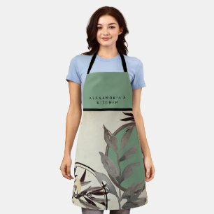 Mint Green & Gray Watercolor Leaf   Name + Kitchen Apron