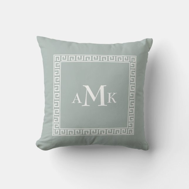 Mint green Greek Key | Monogrammed Throw Pillow (Front)
