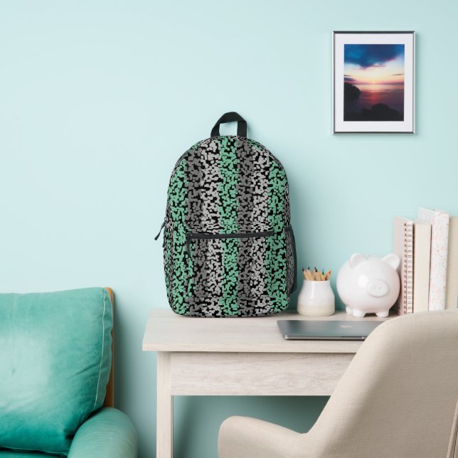 Mint green grey black digital pixelated stripes printed backpack (Insitu)