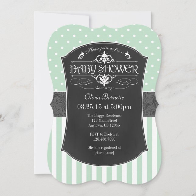 Mint Green Grey Chalkboard Stripes Baby Shower Invitation (Front)