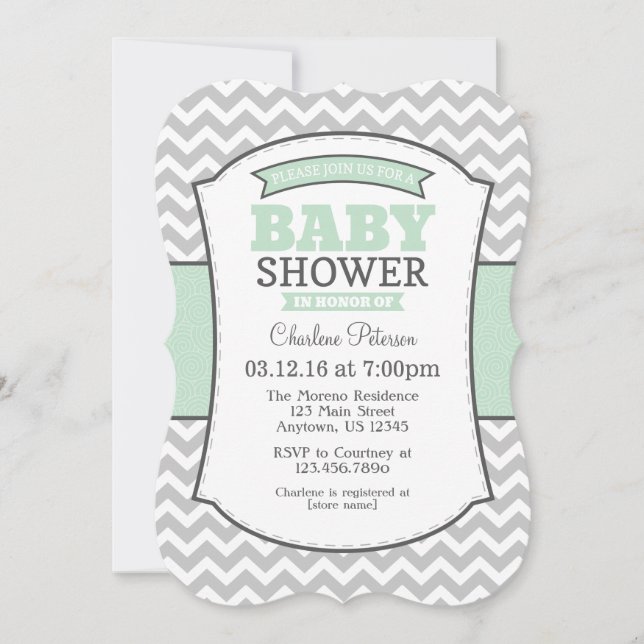 Mint Green Grey Chevron Baby Shower Invitation (Front)