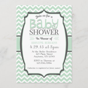 Mint Green Grey Chevron Baby Shower Invitation