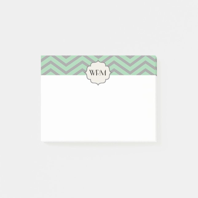 Mint Green Grey Chevron Patterned Monogrammed Post-it Notes (Front)