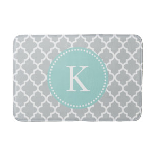 Mint Green Grey Custom Monogram Quatrefoil Pattern Bath Mat