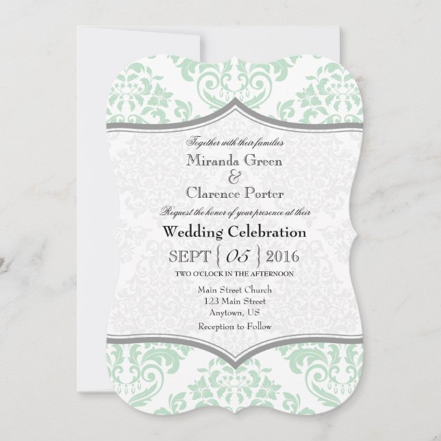 Mint Green Grey Damask Bracket Wedding Invite (Front)