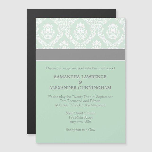 Mint Green Grey Damask Magnetic Wedding Invitation (Front/Back)