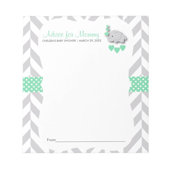 Mint Green & Grey Elephant | Baby Shower - Advice Notepad (Front)