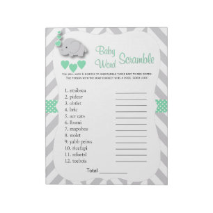 Mint Green & Grey Elephant Baby Shower Word Game Notepad