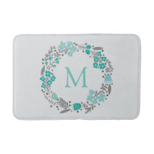 Mint Green Grey Floral Monogram Wreath Pattern