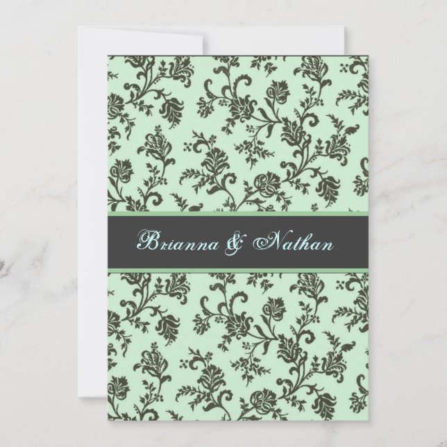 Mint Green & Grey Flower Damask Wedding Invitation (Front)