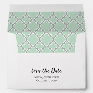 Mint Green Grey Grey Quatrefoil Save The Date Envelope