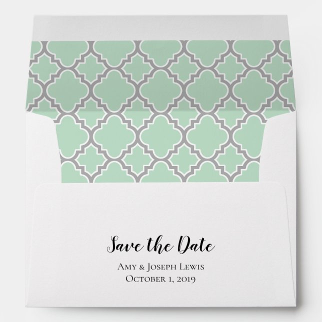 Mint Green Grey Grey Quatrefoil Save The Date Envelope (Back (Bottom))