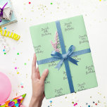 Mint green grey name script wrapping paper<br><div class="desc">A mint green background colour,  grey text. 
Personalise and add a name and age. Handwritten style script.</div>