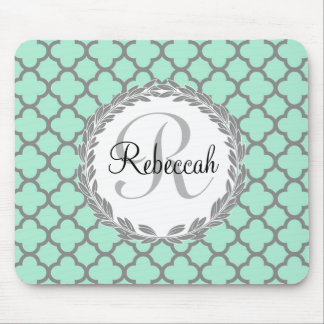 Mint Green Grey Quatrefoil Name Monogram Mouse Mat