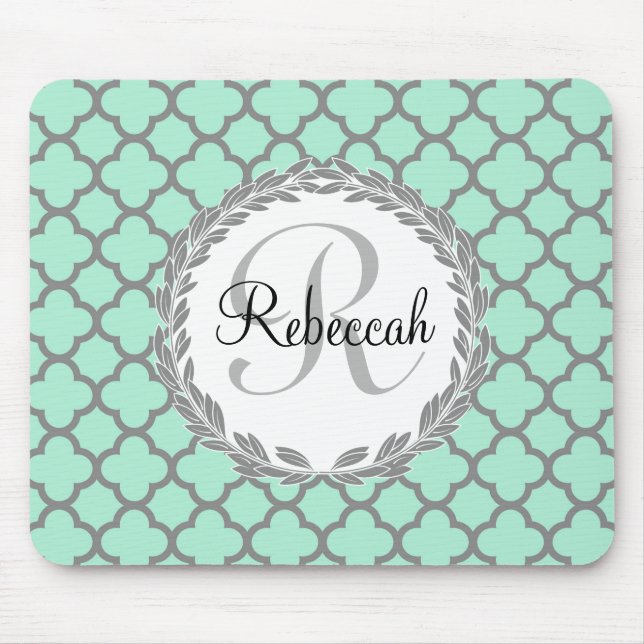 Mint Green Grey Quatrefoil Name Monogram Mouse Mat (Front)